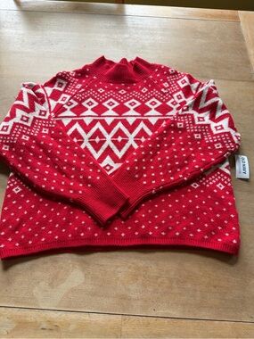 Old Navy Red and White Nordic-Pattern Cowl Sweater